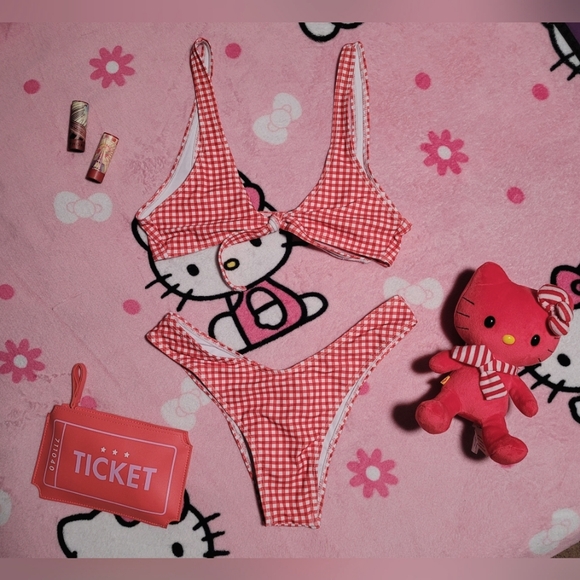 Zaful Swim Gingham Bikini Red White Women's Size 4 S Small High Rise Tied Bow - Picture 6 of 6